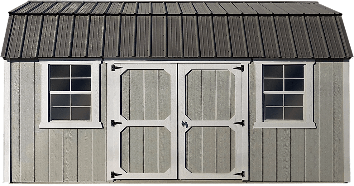 Gray lofted barn shed with double doors and black metal roof